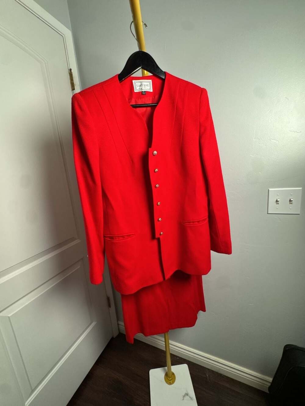 SUITSME Vintage Red Two-Piece Blazer and Skirt Suit Set